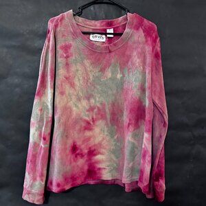 Orvis Khaki Red Sweater Cotton Tie Dyed Handmade Size Large Long Sleeve Crew